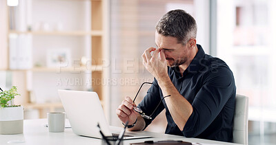 Buy stock photo Businessman, laptop and stress with headache or eye strain in office for mistake or burnout. Man, employee or migraine with vision problem for overworked pressure, deadline or fatigue in workplace