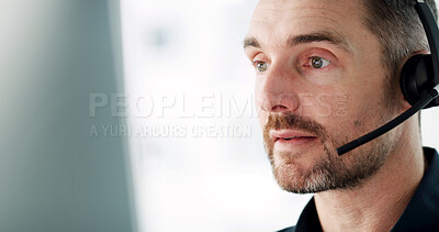 Buy stock photo Headset, man and call center consultant in office with communication, crm or online consultation. Happy, technology and male customer support agent with internet query for help desk in workplace.