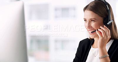 Buy stock photo Headset, woman and call center consultant in office with communication, crm or online consultation. Happy, technology and female customer support agent with internet query for help desk in workplace.