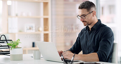 Buy stock photo Business, laptop and man in office, online reading and internet for investment portfolio. Mature person, accounting and consultant in workplace, pc and email for company revenue and digital report