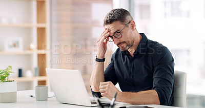 Buy stock photo Business, man and laptop with headache in office for finance mistake, auditing deadline and stress. Financial manager, mature person and tech with tension migraine for corporate bankruptcy and debt
