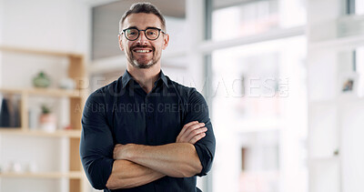 Buy stock photo Crossed arms, happy and portrait of businessman in office with confidence for finance career. Smile, corporate and male financial manager from London with pride for job development in workplace.
