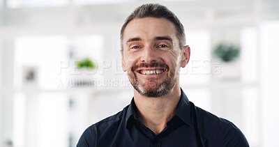 Buy stock photo Smile, professional and portrait of business man in office for confidence, account manager or pride. Happiness, portfolio advisor, about us and corporate space with mature person in agency for career