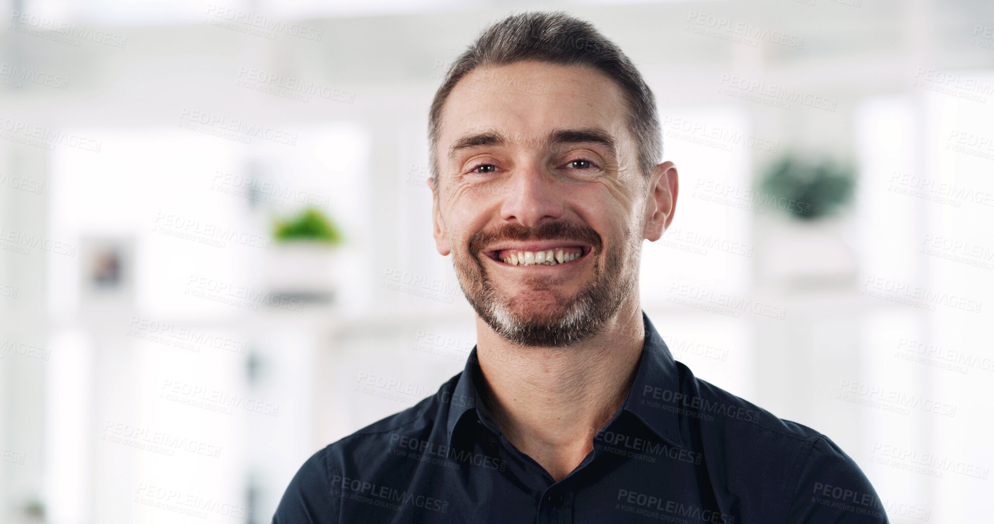 Buy stock photo Smile, professional and portrait of business man in office for confidence, account manager or pride. Happiness, portfolio advisor, about us and corporate space with mature person in agency for career