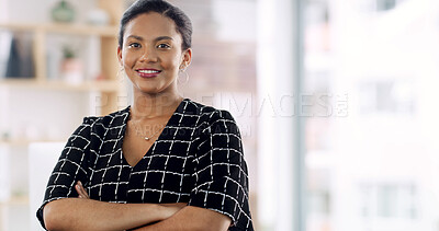Buy stock photo Crossed arms, happy and portrait of businesswoman in office with confidence for finance career. Smile, space and female financial manager from Mexico with pride for job development in workplace.