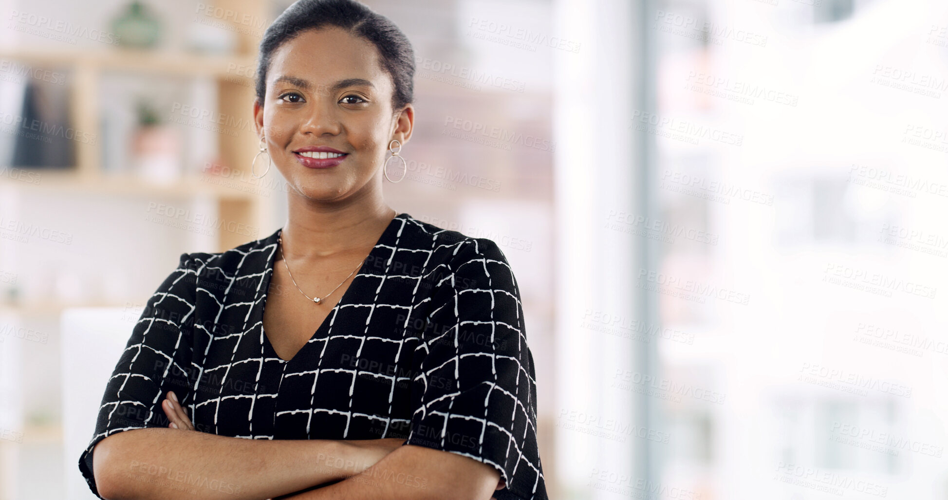 Buy stock photo Crossed arms, happy and portrait of businesswoman in office with confidence for finance career. Smile, space and female financial manager from Mexico with pride for job development in workplace.