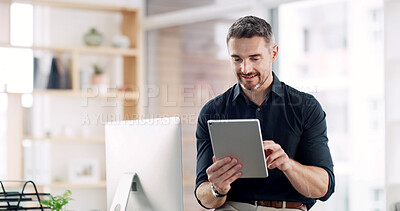Buy stock photo Meeting, tablet and business man in office for online project, investment research and website. Professional, company and mature person on digital tech for financial report, budget review or planning
