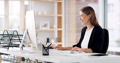 Buy stock photo Happy, lawyer and woman with computer, office and employee with digital evidence for lawsuit on web. Typing, legal info and person with tech for justice, smile and planning for trial in law firm