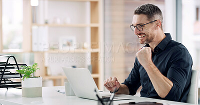 Buy stock photo Business, excited and man in office, laptop and cheering with promotion, bonus and fintech. Mature person, investment and employee with PC, winning and achievement with B2B deal and profit increase
