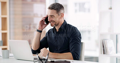 Buy stock photo Happy, businessman or phone call with laptop in office for finance advice, discussion or chat. Mature man, consultant or financial advisor talking on mobile smartphone for conversation or negotiation