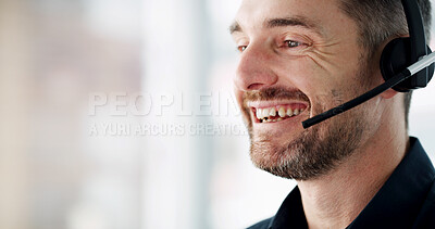 Buy stock photo Headset, happy and call center consultant in office with communication, CRM or online consultation. Space, technology and male customer support agent with internet query for help desk in workplace.