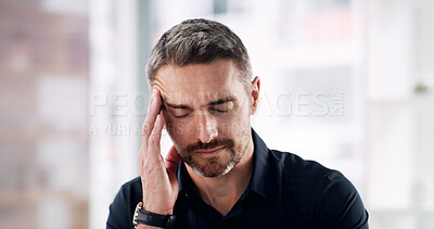 Buy stock photo Business, man and stress with headache in office for corporate deadline, workload pressure and pain. Financial manager, mature person and tension migraine for mental health, exhausted and overwhelmed
