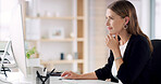 Thinking, employee and woman with computer, office and attorney with digital evidence and corporate. Reflection, lawyer and person with tech for justice, smile and planning for trial with legal info
