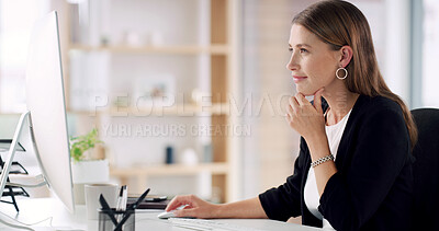 Buy stock photo Thinking, employee and woman with computer, office and attorney with digital evidence and corporate. Reflection, lawyer and person with tech for justice, smile and planning for trial with legal info
