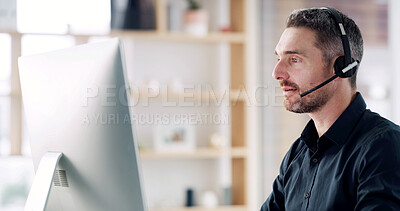 Buy stock photo Computer, call center and reading with business man for online banking, customer support and research. Virtual advisor, help desk and communication with person in agency for account faq and crm