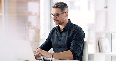 Buy stock photo Business, man and typing on laptop in office for compliance report, income tracking or finance. Financial manager, mature person or tech for budget management, corporate proposal or planning schedule