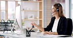 Headset, woman and secretary in office with communication, crm or online consultation. Happy, technology and female customer support agent on computer with internet query for help desk in workplace.