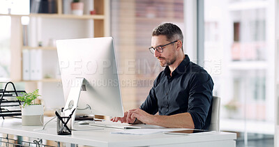 Buy stock photo Business, man or typing on computer in office for report preparation, auditing or finance proposal. Financial manager, mature person and tech at desk for budget planning and writing compliance email