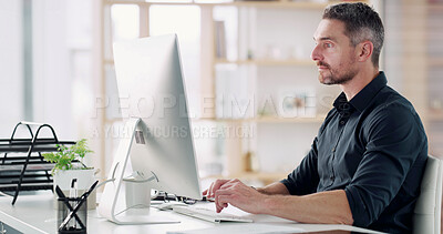 Buy stock photo Business man, reading or computer in office for company audit, finance reporting or networking. Financial manager, mature person and typing performance email at desk for compliance or risk management