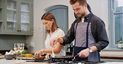 Buy stock photo Couple, food and cooking with meal prep in kitchen for dinner recipe, healthy diet and bonding. Love, people and ingredients in home for gourmet dish, culinary skills and organic lunch with support