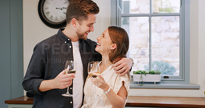 Buy stock photo Happy, laugh and couple with wine in home to celebrate anniversary, bonding and relationship. Relax, love and man with woman embrace with drink for conversation, commitment and romance in house