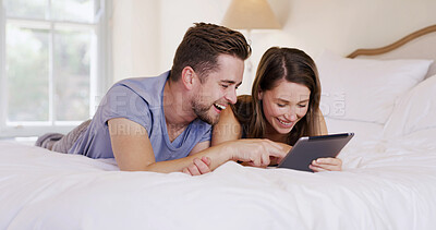 Buy stock photo Morning, couple and laughing with tablet on bed for social media meme, funny post and bonding. Relax, happy people and digital app in home for internet scrolling, weekend break and comic online video