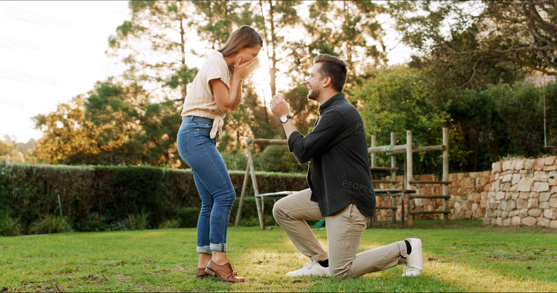 Buy stock photo Surprise, couple and proposal for engagement outdoor, excited and laughing with partner. Man, woman and shock with marriage question for love celebration, wow and romance with commitment on date