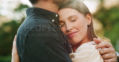 Buy stock photo Happy, park and couple hug for love, bonding and relationship on weekend outdoor for commitment. Dating, nature and man with woman embrace for affection, support and romance together in garden
