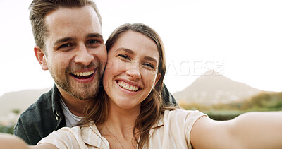 Buy stock photo Smile, selfie and portrait of couple in nature for relationship, social media and relax together outdoor. POV, dating and happy man and woman in park with picture, online post and memory for bonding