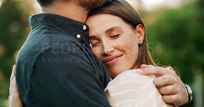 Buy stock photo Happy, hug and couple in park for trust, bonding and relationship on weekend outdoor for commitment. Dating, nature and man with woman embrace for affection, support and romance together in garden