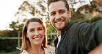 Happy, selfie and portrait of couple in nature for relationship, social media and relax together outdoor. Pov, dating and man with woman in park with picture, online post and memory for bonding
