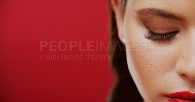 Buy stock photo Banner, eyelashes and makeup with woman on red background for advertising beauty or cosmetics. Half face, lash extensions and mockup with model isolated on studio space for marketing campaign