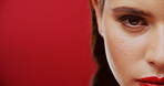 Banner, makeup and portrait of woman on red background for advertising beauty or cosmetology. Eye, half face and mockup with model isolated on studio space for marketing campaign of cosmetics
