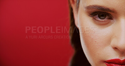 Buy stock photo Banner, makeup and portrait of woman on red background for advertising beauty or cosmetology. Eye, half face and mockup with model isolated on studio space for marketing campaign of cosmetics
