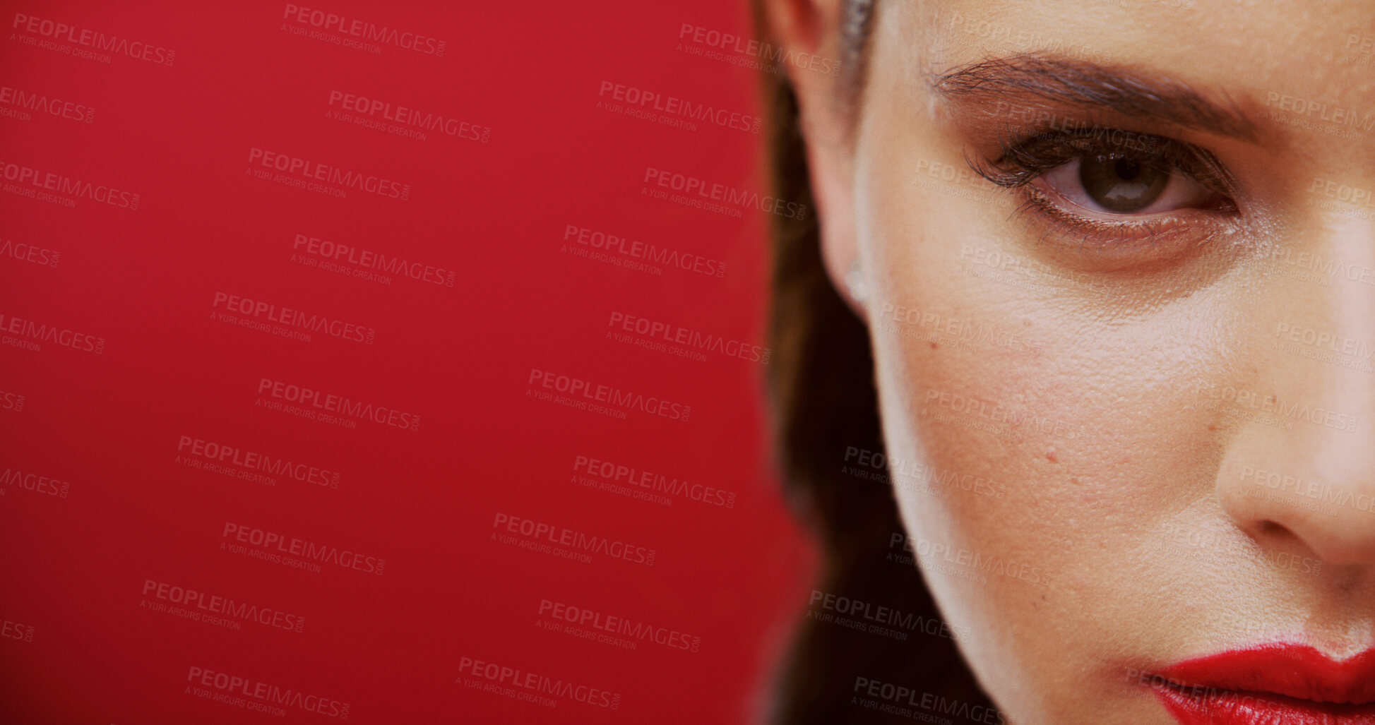 Buy stock photo Banner, makeup and portrait of woman on red background for advertising beauty or cosmetology. Eye, half face and mockup with model isolated on studio space for marketing campaign of cosmetics