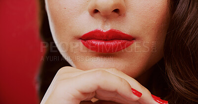 Buy stock photo Mouth, lipstick and woman in studio for beauty, makeup and cosmetology with closeup on background. Red lips, female person with glamour or bold color for luxury cosmetics with aesthetic for glow
