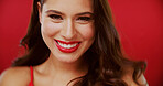 Portrait, lipstick and woman in studio with makeup, beauty and cosmetology on background. Red lips, female person and model with glamour, bold color and luxury cosmetics with aesthetic and glow