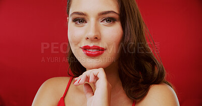 Buy stock photo Makeup, red lipstick and smile with portrait of woman in studio for cosmetics, glow and beauty. Self care, cosmetology and makeover with person on background for lipgloss, glamour and aesthetic space