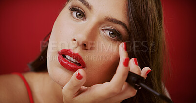 Buy stock photo Girl, makeup brush and studio portrait for lashes, tools and check for beauty on red background. Woman, cosmetics product and application with mascara for transformation, glow and pride in Italy