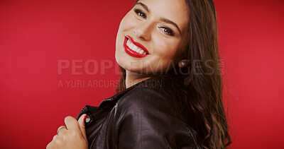 Buy stock photo Beauty, red lipstick and smile with portrait of woman in studio for cosmetics, glow and makeup. Self care, cosmetology and makeover with person on background for lipgloss, glamour and aesthetic