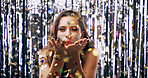 Portrait, celebration and woman with confetti, club and blowing decoration for New Year and festive. Colorful, glitter and person in pub for event, nightlife or party for holiday or weekend in USA