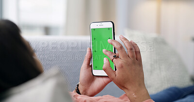 Buy stock photo Woman, hands and phone with green screen on sofa for advertising app, UI or UX in home. Female person, relax and scrolling with mobile smartphone display for marketing or AI testing on mockup space