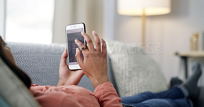 Buy stock photo Woman, hands and research with phone screen on sofa for fitness website or health app in home. Female person, UI or user scrolling with mobile smartphone for online service, UX or wellness in house