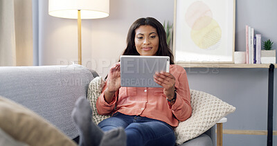 Buy stock photo Home, internet and woman with tablet, relax and online reading with connection, app and chatting. Apartment, tech and person with communication, network and website info  with break in living room