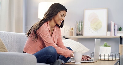 Buy stock photo Smile, black woman and typing on laptop at house for research, proofreading and writing story. Journalist, freelancer and pc for editing draft, schedule update and source information for publication