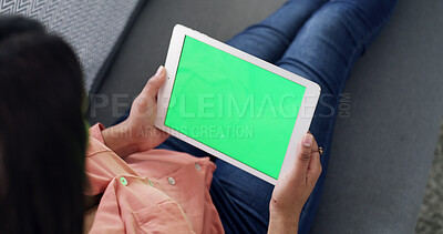 Buy stock photo Green screen, sofa and woman in home on tablet for streaming, browse website and internet. Mockup space, living room and above of person on digital tech for social media, video or subscription search
