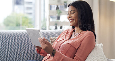 Buy stock photo Home, smile and woman on couch, tablet and online reading with connection, relax and social media. Apartment, tech and happy person with internet, chatting and network with ebook, app or funny meme