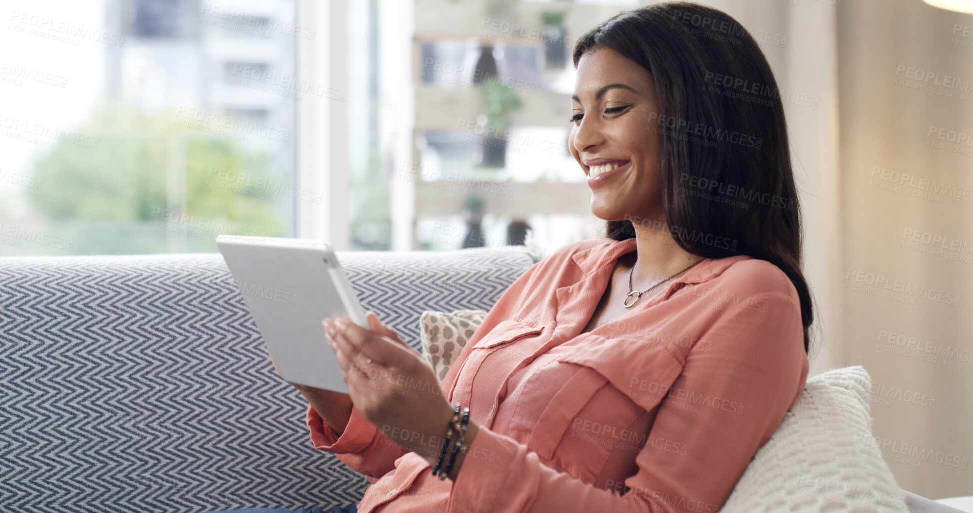 Buy stock photo Home, smile and woman on couch, tablet and online reading with connection, relax and social media. Apartment, tech and happy person with internet, chatting and network with ebook, app or funny meme