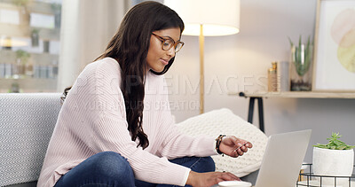 Buy stock photo Home, credit card and woman on sofa, laptop and ecommerce with password, purchase and buying. Person, apartment and computer with internet, connection and transactions with online shopping or payment