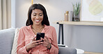Happy, black woman and relax with phone at house for communication, social media and website. Smile, female person and mobile for research, surfing internet and chat notification for texting contact
